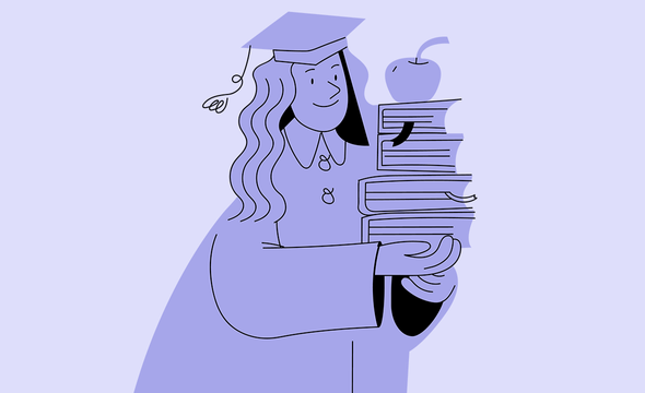 Студентка-выпускница держит стопку книг с яблоком. Иллюстрация