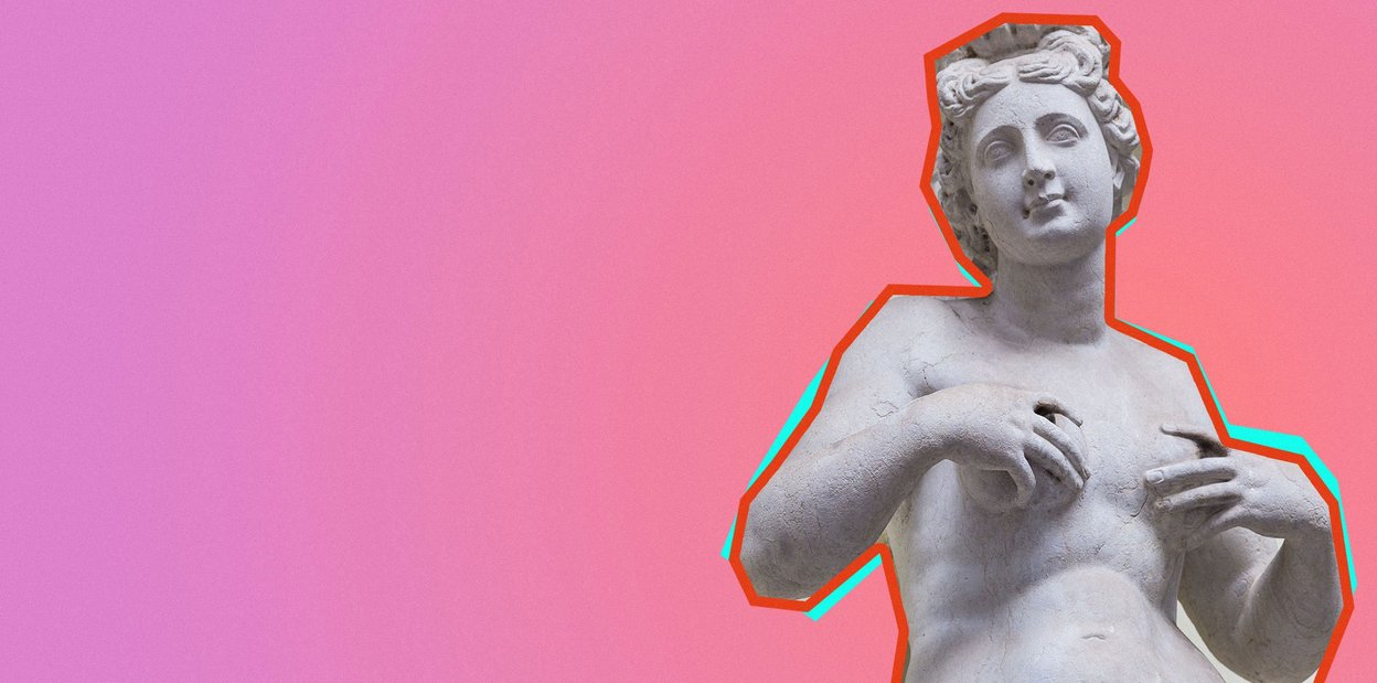 Античная скульптура обнаженной женщины на розовом фоне с красной и бирюзовой обводкой.