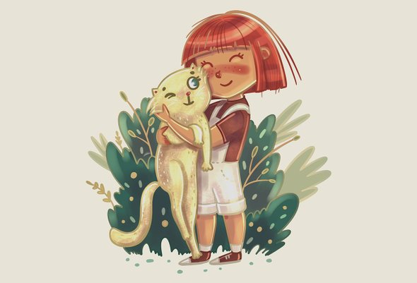 Иллюстрация девочки ребенка, которая обнимает кота