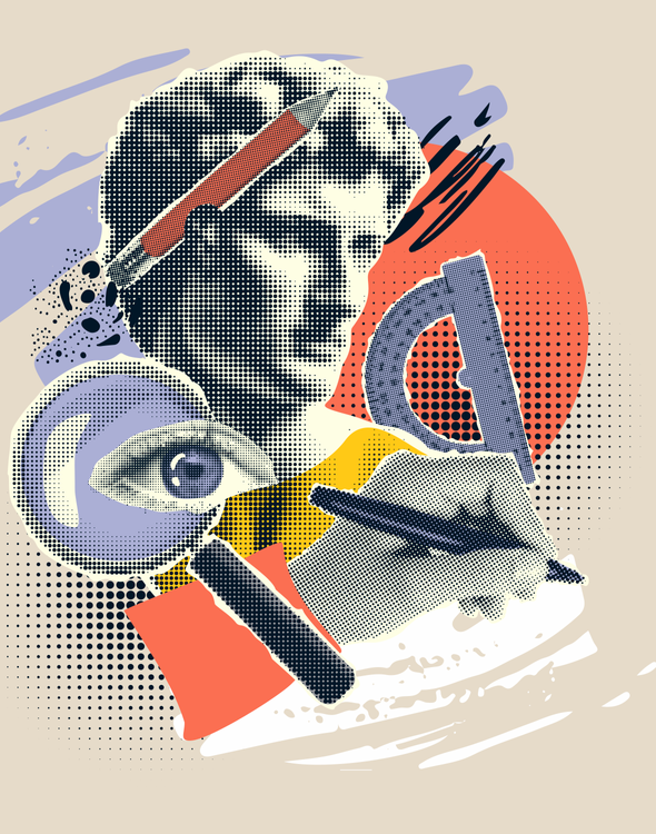 Школьный и студенческий коллаж. Рука держит ручку. Голова статуи с карандашом за ухом. Лупа и глаз. Транспортир