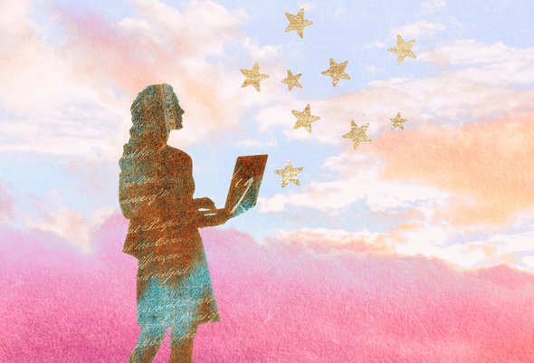 Коллаж. Женщина с ноутбуком на фоне звездного неба. Репетиторство. Где искать учеников, сколько денег брать и как стать профи: советы начинающему репетитору. Начало карьеры репетитора