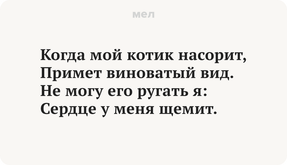 Когда мой котик насорит, Примет виноватый вид. Не могу его ругать я: Сердце у меня щемит