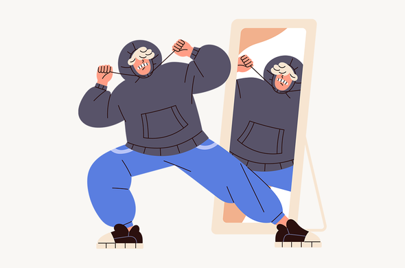 Грустный подросток в худи натягивает себе капюшон на голову перед зеркалом. Иллюстрация. Вранье, ссоры и срывы дедлайнов: 9 ошибок, которые полезно совершить подростку и которые взрослым не нужно исправлять