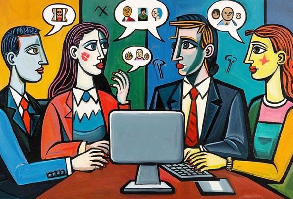 Иллюстрация. Две пары родителей за компьютером