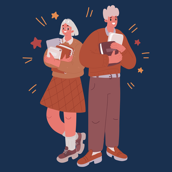 Иллюстрация. Два студента парень и девушка с книгами и тетрадями в руках