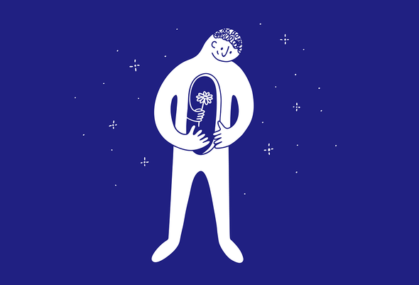 Мужской персонаж с отверстием в теле, дарящий себе цветок. Любовь к себе, забота о себе. Внутренняя поддержка, помощь, психическое здоровье. Абстрактная концепция внутреннего мира. Векторная иллюстрация мужчины, держащего цветок.