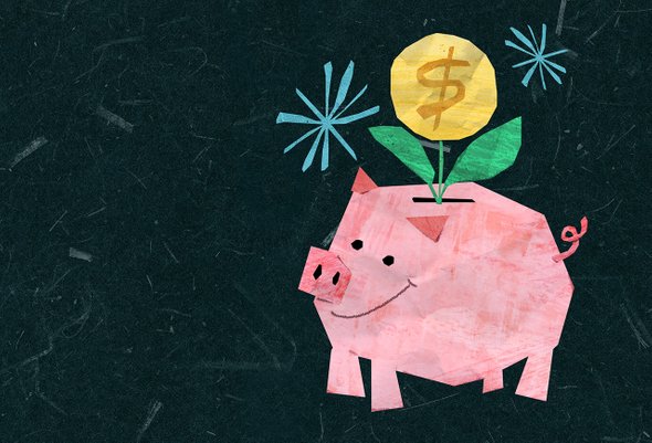 Иллюстрация. Свинья копилка с растущим цветком-монеткой