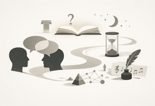 Иллюстрация. Интервью, музыка, песочные часы, луна, книга, вопрос, философия. преподавателем итальянской литературы из Университета Стэнфорда — Робертом Поугом Харрисоном