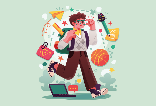 Иллюстрация. Бегущий грустный школьник. Вокруг летают школьные принадлежности