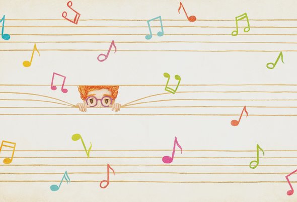 Иллюстрация. Музыкальная школа. Грустный мальчик выглядывает из-за нотного стана. Ноты