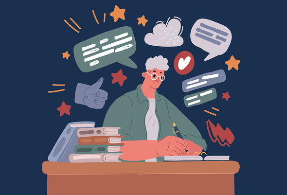 Иллюстрация студента, который сидит за столом и пишет в тетраде