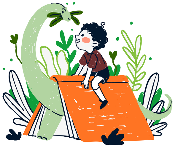 Иллюстрация ребенка с динозавром и книгой