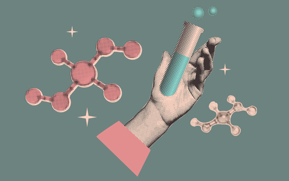 Иллюстрация. Химия, рука с колбой, молекула. Уроки химии в школе