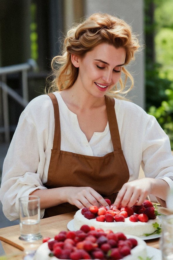 Женщина готовит торт с ягодами. Диана Ходаковская