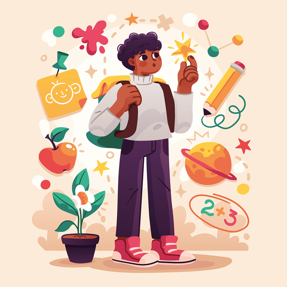 Иллюстрация. Удивленный школьник держит звезду в руке. Вокруг летают школьные принадлежности