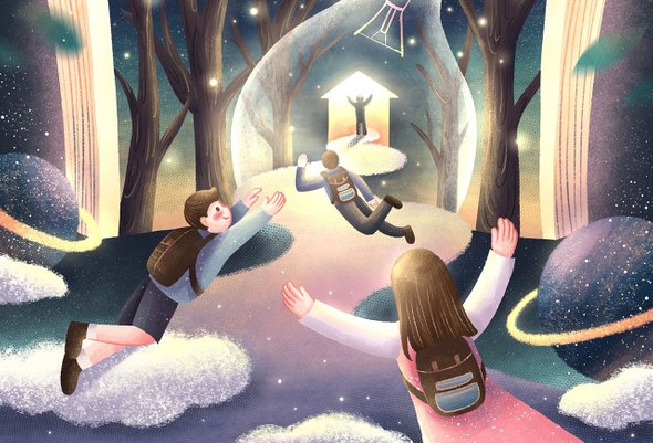 Иллюстрация со школьниками. Лампочка. Идея.