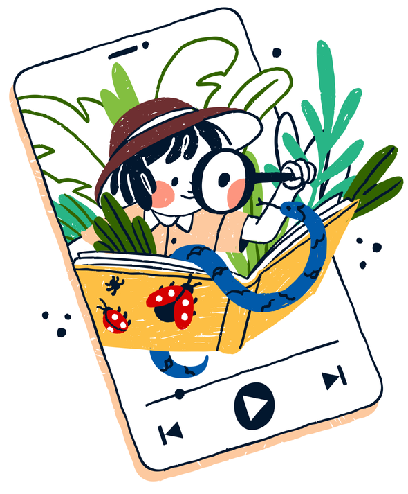 Иллюстрация ребенка в джунглях и книгой