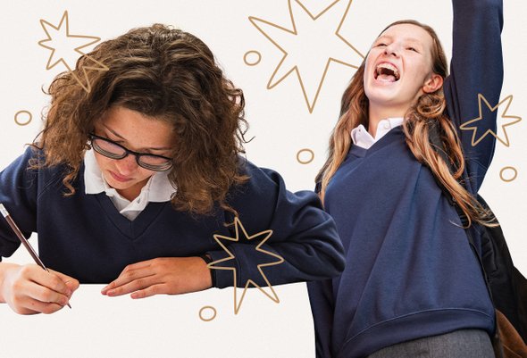 Коллаж, школьница пишет карандашом, школьница радуется, золотые звездочки и кружочки. Learning Resource Network (LRN)