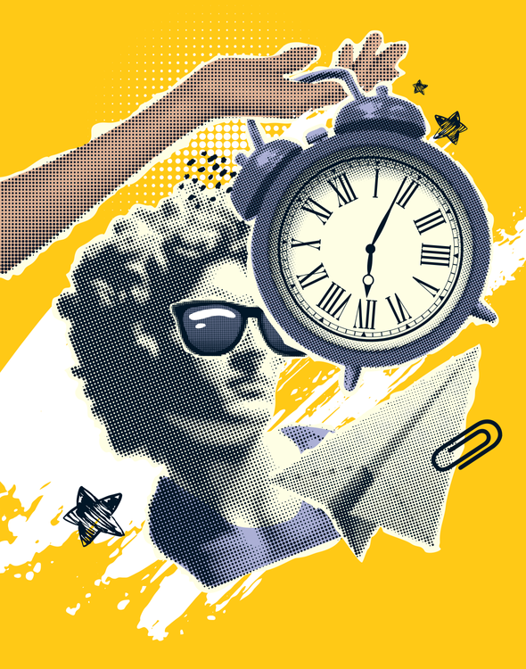 Школьный и студенческий коллаж. Рука держит часы. Голова статуи в черных очках. Бумажный самолетик