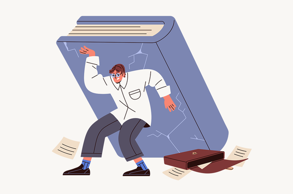 Студент подросток согнулся под тяжестью огромной книги. Иллюстрация. Вранье, ссоры и срывы дедлайнов: 9 ошибок, которые полезно совершить подростку и которые взрослым не нужно исправлять