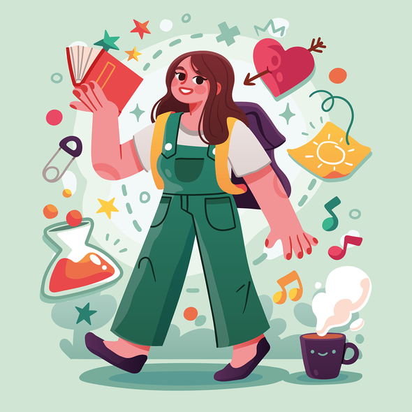 Иллюстрация. Радостная школьница с книгой в руке. Вокруг летают школьные принадлежности