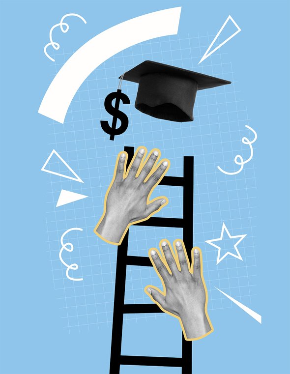 Коллаж. Платное обучение в университете. Руки карабкаются по лестнице за академической шапочкой. Выпускник