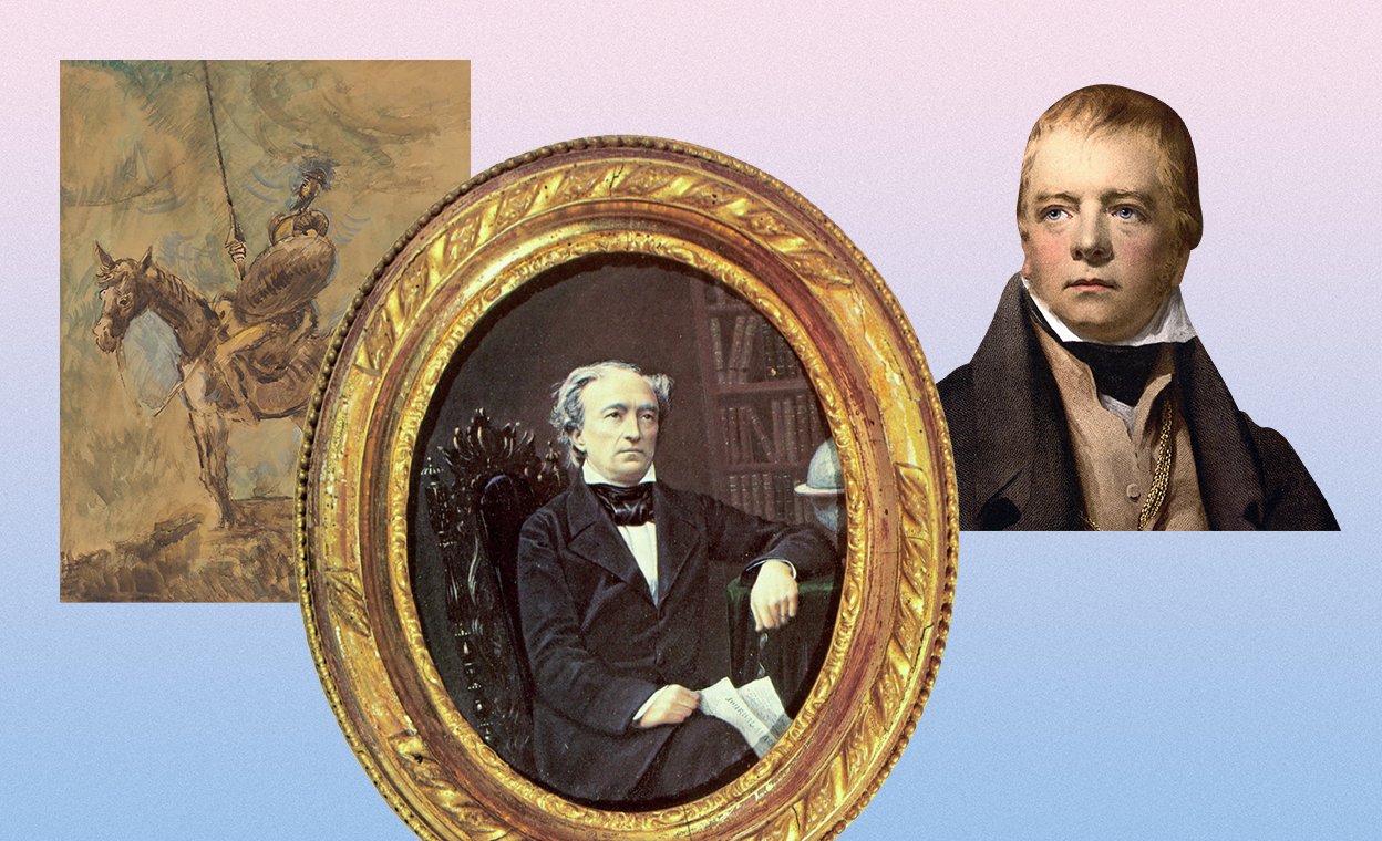 Коллаж. Иллюстрация к Дон Кихоту. Портрет Федора Тютчева в раме. Портрет Вальтера Скотта. Писатель Алексей Сальников — о любимых книгах