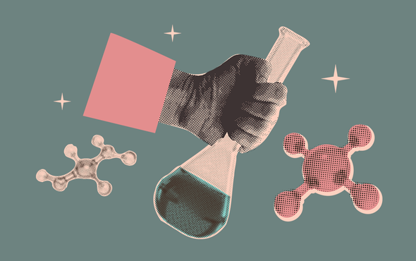 Иллюстрация. Химия, рука с колбой, молекула. Уроки химии в школе