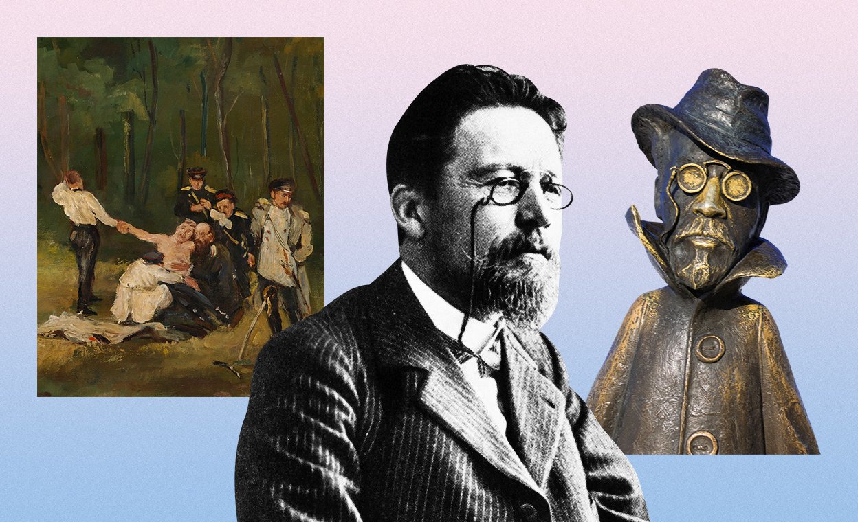 Коллаж. Дуэль на картине художника. Портрет Антона Чехова. Памятник Антону Чехову. Писатель Алексей Сальников — о любимых книгах