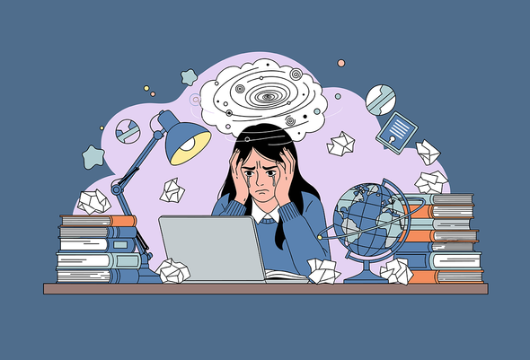 Иллюстрация. Ученица со слезами сидит за ноутбуком и готовится к экзаменам. ЕГЭ