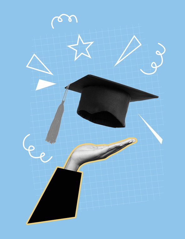 Коллаж. Рука держит академическую шапочку. Выпускник