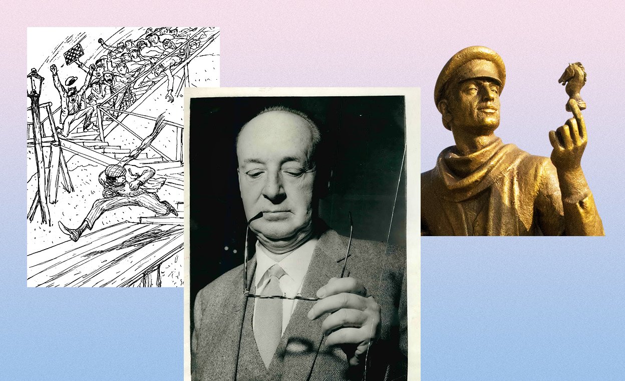 Коллаж. Иллюстрация к роману «Двенадцать стульев». Портрет Владимира Набокова. Памятник Остапу Бендеру. Писатель Алексей Сальников — о любимых книгах