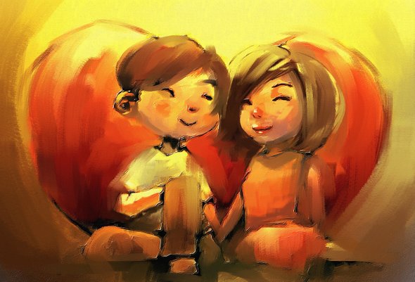 Иллюстрация. Влюбленные подростки сидят на фоне сердца. 8 марта, подарки