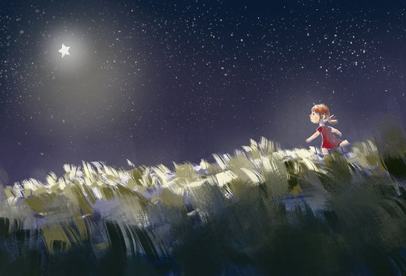 Иллюстрация. Девочка бежит по полю за звездой на небе. Талантливые дети