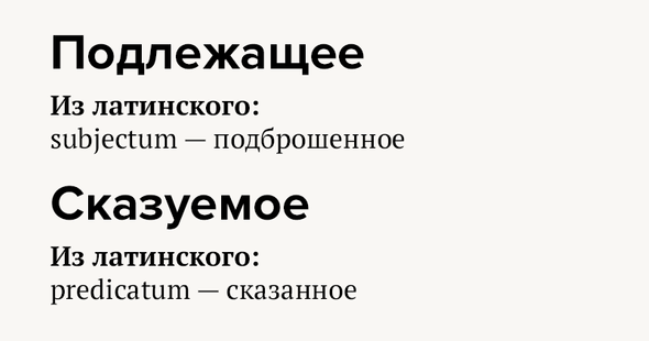 Подлежащее Из латинского: subjectum — подброшенное Сказуемое Из латинского: predicatum — сказанное