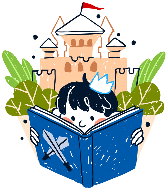 Иллюстрация ребенка в замке с книгой